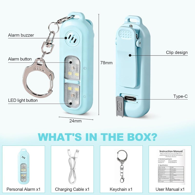 cjc 130dB Personal Safety Alarm with Strobe Light & LED Emergency Flashlight, Women's SOS Rechargeable Safety Siren, with Carabiner, Clip-On, Bear Deterrent for Kids, Elderly, Night Runners, Blue - Image 3